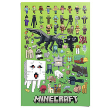 Minecraft poster met verschillende karakters en wezens op een groene achtergrond