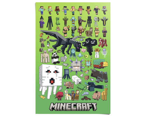 Minecraft poster met verschillende karakters en wezens op een groene achtergrond