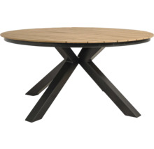 Ronde tuintafel met houten blad en metalen onderstel