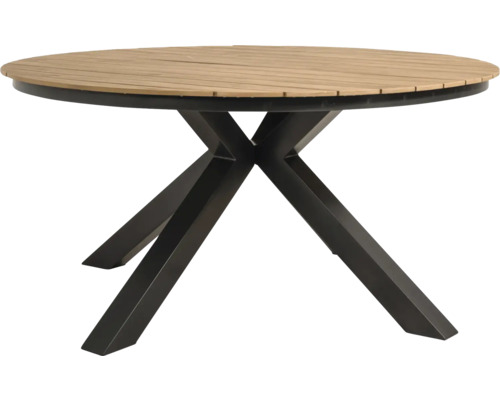 Ronde tuintafel met houten blad en metalen onderstel