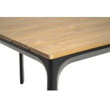 Gedetailleerd beeld van een tuintafel met houten blad en metalen frame