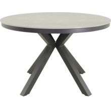 Ronde tuintafel met een stenen tafelblad en een metalen onderstel.