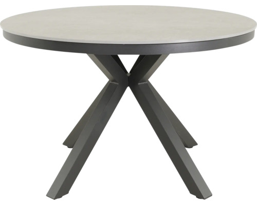 Ronde tuintafel met een stenen tafelblad en een metalen onderstel.