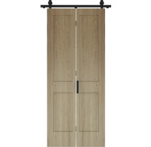 Schuifdeursysteem met twee houten schuifdeuren en zwarte rails