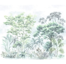 Illustratie van een tropisch bos met verschillende bomen en planten