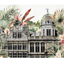 Behang met gebouwdecor en tropische planten