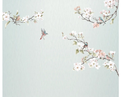 Behang met vogel- en bloemmotief