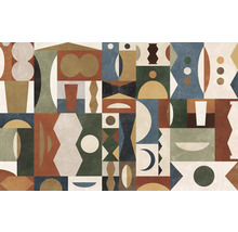 Wanddecoratie met abstracte geometrische vormen en patronen.