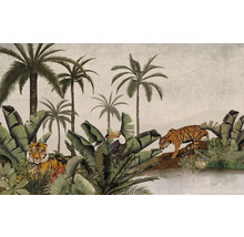 Behang met jungle thema, inclusief palmbomen, tijgers en een toekan