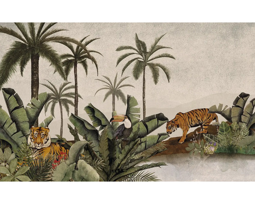Behang met jungle thema, inclusief palmbomen, tijgers en een toekan