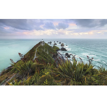 Landschapsweergave met kustlijn, kliffen, vuurtoren en vegetatie