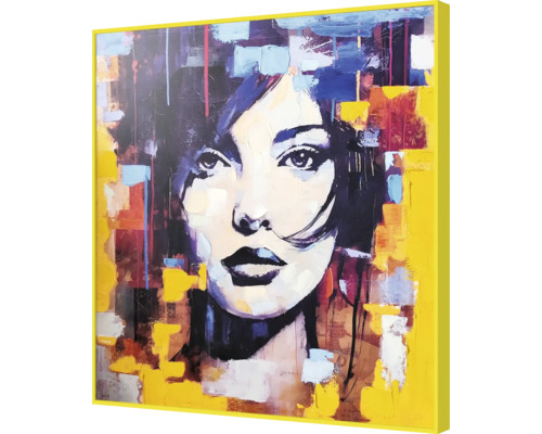 Schilderij met abstracte voorstelling van een vrouwengezicht in een gele lijst
