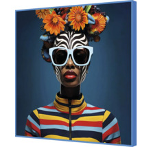 Decoratieve muurafbeelding met een vrouw met bloemenhoofddeksel en gestreepte gezichtsverf