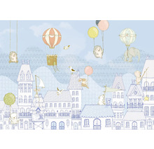 Wandafbeelding met huizen, dieren en luchtballonnen