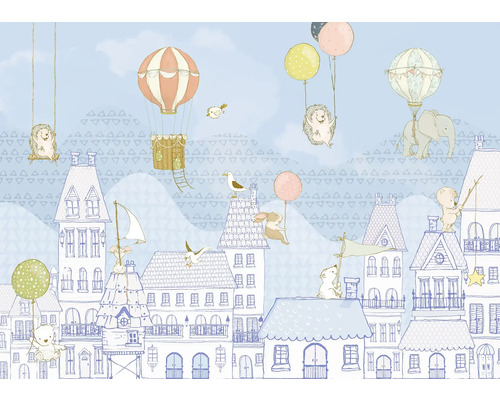 Wandafbeelding met huizen, dieren en luchtballonnen