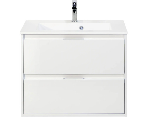 SANOX Badkamermeubelset Porto hoogglans wit 70 cm met twee lades incl. kunststenen wastafel met één kraangat Wastafelmeubel met twee laden en kraan