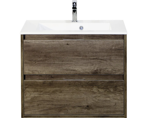 SANOX Badkamermeubelset Porto nebraska eiken 70 cm met twee lades incl. kunststenen wastafel met één kraangat Wastafelonderkast met twee laden en kraan