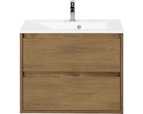SANOX Badkamermeubelset Porto eiken 70 cm met twee lades incl. kunststenen wastafel met één kraangat Wastafelonderkast met twee laden, wastafel en kraan
