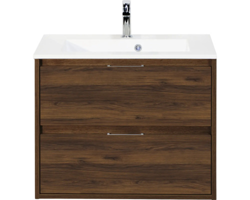 SANOX Badkamermeubelset Porto walnoot 70 cm met twee lades incl. kunststenen wastafel met één kraangat Wastafelonderkast met twee lades, wastafel en kraan