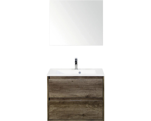 SANOX Badkamermeubelset Porto nebraska eiken 70 cm met twee lades incl. kunststenen wastafel met één kraangat en spiegel Wastafelmeubel met twee laden, wastafel en spiegel