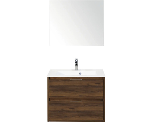 SANOX Badkamermeubelset Porto walnoot 70 cm met twee lades incl. kunststenen wastafel met één kraangat en spiegel Wastafelcombinatie met spiegel, onderkast met houtlook en opzetwastafel