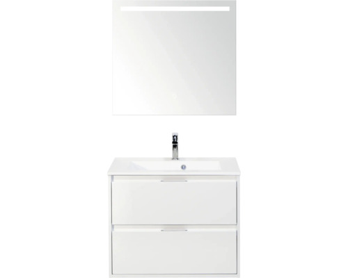 SANOX Badkamermeubelset Porto hoogglans wit 70 cm met twee lades incl. kunststenen wastafel met één kraangat en spiegel met verlichting Wastafelonderkast met twee laden, wastafel en spiegel met verlichting