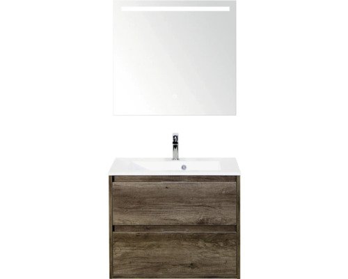 SANOX Badkamermeubelset Porto nebraska eiken 70 cm met twee lades incl. kunststenen wastafel met één kraangat en spiegel met verlichting Wastafelmeubel met wastafel, kraan en spiegel