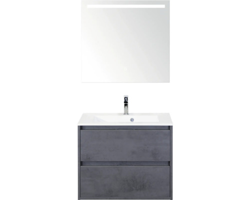 SANOX Badkamermeubelset Porto beton antraciet 70 cm met twee lades incl. kunststenen wastafel met één kraangat en spiegel met verlichting Wastafelmeubel met onderkast en spiegel voor de badkamer