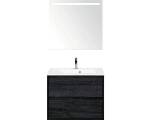 SANOX Badkamermeubelset Porto black oak 70 cm met twee lades incl. kunststenen wastafel met één kraangat en spiegel met verlichting Wastafelmeubel met spiegel en onderkast