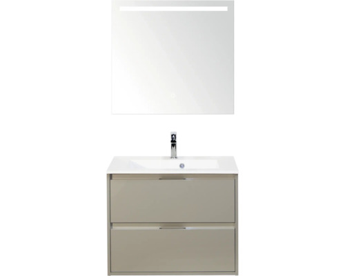 SANOX Badkamermeubelset Porto kiezelgrijs 70 cm met twee lades incl. kunststenen wastafel met één kraangat en spiegel met verlichting Wastafelmeubel met onderkast en spiegel met verlichting