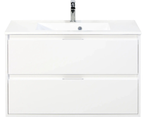 SANOX Badkamermeubelset Porto hoogglans wit 90 cm met twee lades incl. kunststenen wastafel met één kraangat Wastafelmeubel met twee lades, wastafel en kraan