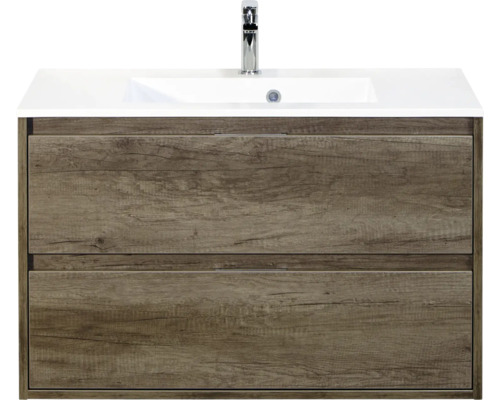 SANOX Badkamermeubelset Porto nebraska eiken 90 cm met twee lades incl. kunststenen wastafel met één kraangat Wastafelonderkast met twee laden en wastafel