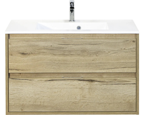 SANOX Badkamermeubelset Porto natuur eiken 90 cm met twee lades incl. natuurstenen wastafel met één kraangat Wastafelonderkast met twee laden, wastafel en kraan