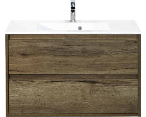 SANOX Badkamermeubelset Porto tabacco 90 cm met twee lades incl. kunststenen wastafel met één kraangat Wastafelonderkast met twee laden en wastafel