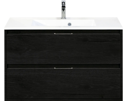 SANOX Badkamermeubelset Porto black oak 90 cm met twee lades incl. kunststenen wastafel met één kraangat Wastafelonderkast met wastafel en twee laden