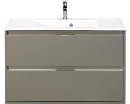 SANOX Badkamermeubelset Porto cubanit grey 90 cm met twee lades incl. kunststenen wastafel met één kraangat Wastafelonderkast met twee laden en opzetwastafel