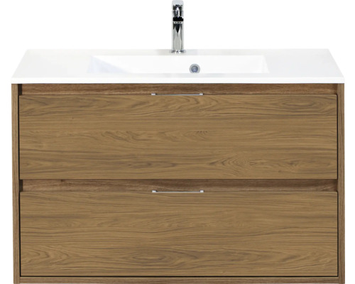 SANOX Badkamermeubelset Porto eiken 90 cm met twee lades incl. kunststenen wastafel met één kraangat Wastafelonderkast met twee laden en wastafel