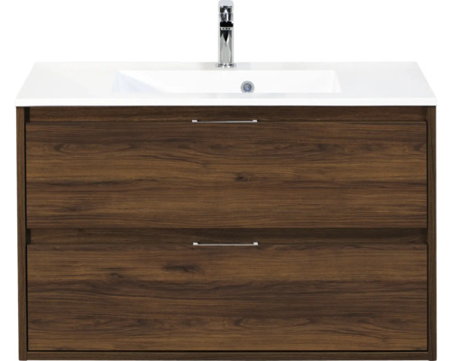 SANOX Badkamermeubelset Porto walnoot 90 cm met twee lades incl. kunststenen wastafel met één kraangat Wastafelonderkast met twee lades, wastafel en kraan