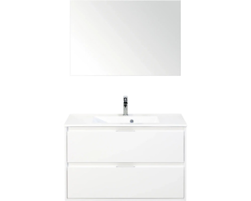 SANOX Badkamermeubelset Porto hoogglans wit 90 cm met twee lades incl. kunststenen wastafel met één kraangat en spiegel Wastafelcombinatie met onderkast en spiegel voor de badkamer