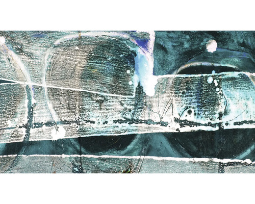 Close-up van een abstract schilderij op canvas met geometrische vormen en structuren