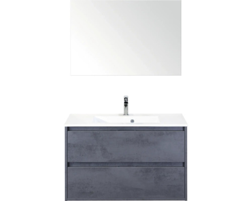 SANOX Badkamermeubelset Porto beton antraciet 90 cm met twee lades incl. kunststenen wastafel met één kraangat en spiegel Wastafelonderkast met wastafel en spiegel voor de badkamer