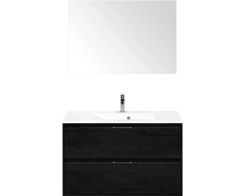 SANOX Badkamermeubelset Porto black oak 90 cm met twee lades incl. kunststenen wastafel met één kraangat en spiegel Wastafelmeubel met spiegel en twee lades voor de badkamer