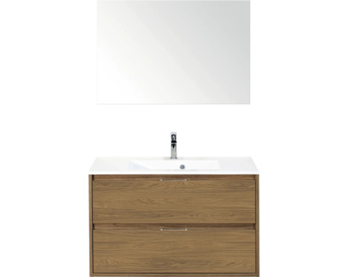 SANOX Badkamermeubelset Porto eiken 90 cm met twee lades incl. kunststenen wastafel met één kraangat en spiegel Wastafelcombinatie met spiegel, wastafel en onderkast