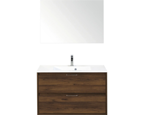 SANOX Badkamermeubelset Porto walnoot 90 cm met twee lades incl. kunststenen wastafel met één kraangat en spiegel Wastafelcombinatie met spiegel, wastafel en onderkast met laden