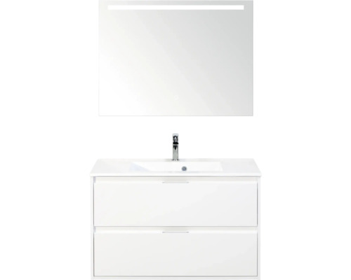 SANOX Badkamermeubelset Porto hoogglans wit 90 cm met twee lades incl. kunststenen wastafel met één kraangat en spiegel met verlichting Wastafelmeubel met onderkast en verlichte spiegel voor de badkamer