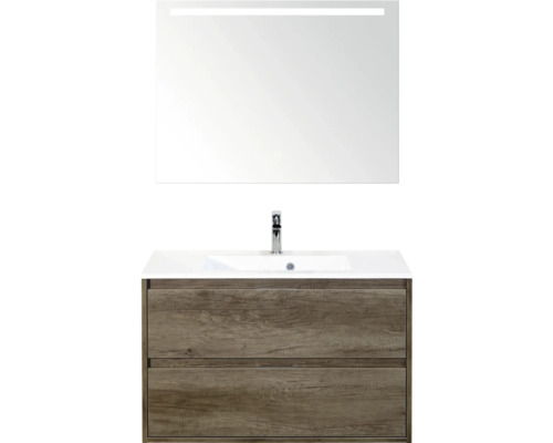 SANOX Badkamermeubelset Porto nebraska eiken 90 cm met twee lades incl. kunststenen wastafel met één kraangat en spiegel met verlichting Wastafel met onderkast, wastafel, kraan en spiegel met verlichting