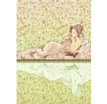 Illustratie van een vrouw die in een bed ligt, met decoratieve achtergrond