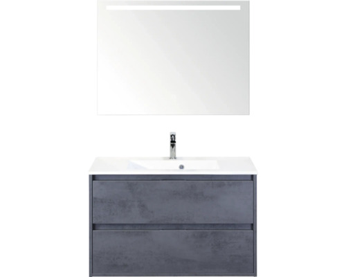 SANOX Badkamermeubelset Porto beton antraciet 90 cm met twee lades incl. kunststenen wastafel met één kraangat en spiegel met verlichting Wastafelcombinatie met spiegel en twee laden