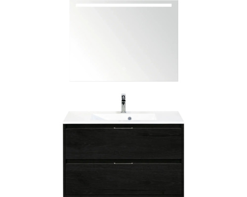SANOX Badkamermeubelset Porto black oak 90 cm met twee lades incl. kunststenen wastafel met één kraangat en spiegel met verlichting Wastafelmeubel met onderkast, wastafel en spiegel