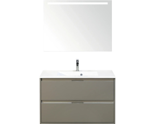 SANOX Badkamermeubelset Porto cubanit grey 90 cm met twee lades incl. kunststenen wastafel met één kraangat en spiegel met verlichting Wastafelcombinatie met spiegel en onderkast